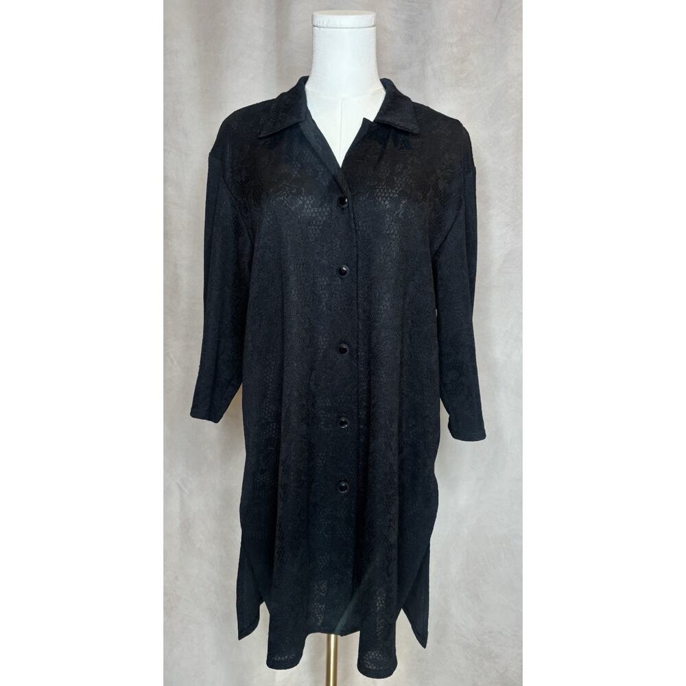 Vintage Leslie Fay Black Button Front Dress Women’s 14 Made in USA Textured Midi